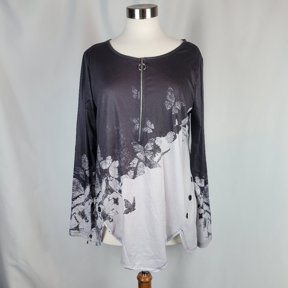 V Neck Pullover Long Sleeve with Zipper Butterfly Print Tunic Top
